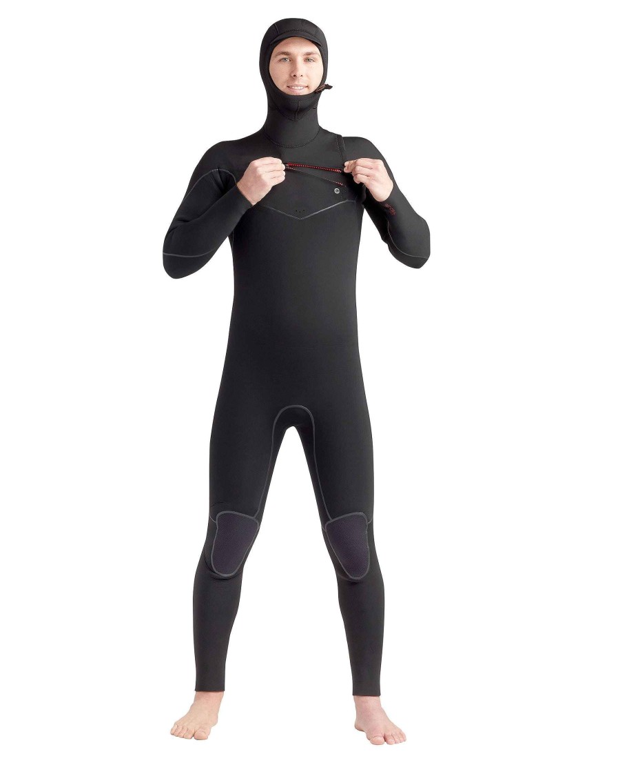 Men SDI Wetsuits | Red Cell 5/4/3Mm Men'S Chest-Zip Hooded Fullsuit Black