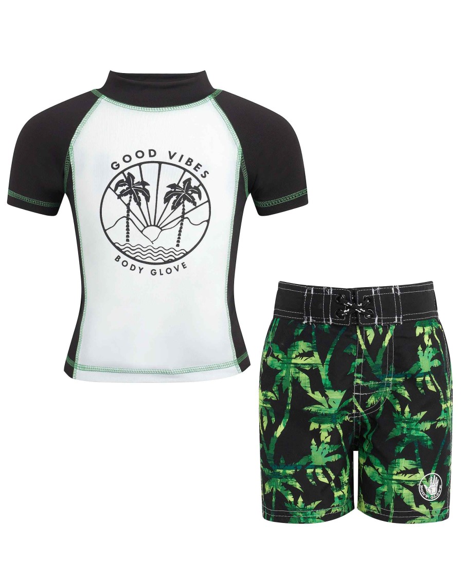 Kids Babyfair Swimwear | Toddler Boys' Rash Guard & Swim Shorts Set Green Palm