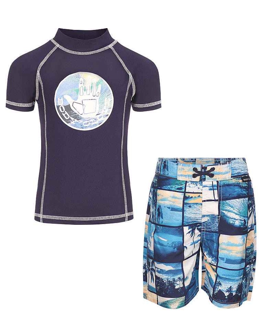 Kids Babyfair Paddle Pals | Boys' Rash Guard & Swim Shorts Set Blue Patchwork