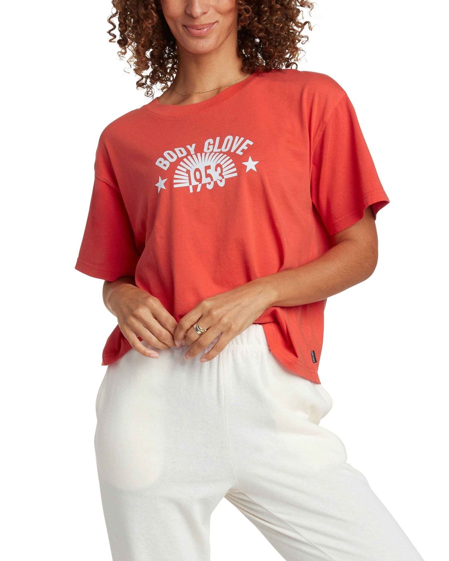 Women Jerry Leigh Tops | Radiant Short-Sleeved Relaxed Fit Crop T-Shirt Fiery Red