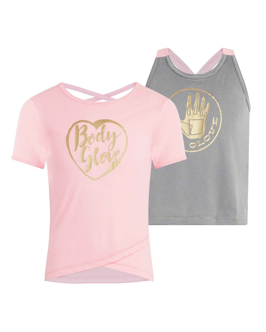 Kids Babyfair Apparel & Activewear | Girls' Short-Sleeve Shirt And Tank Top Set (7-12) Pink & Grey