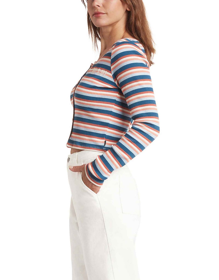 Women Jerry Leigh Tops | Striped Ribbed Long-Sleeve Shirt - Navy Nvy