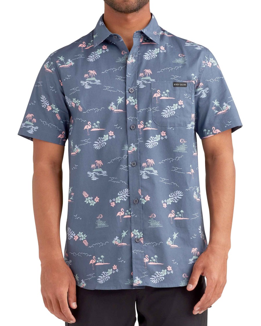 Men Island Daze Button Up Shirts | Island Vibe Button-Up Shirt Navy