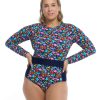 Swimwear SGS Plus Size Swimwear | Vivid Field Plus Size Wave Long Sleeve Swimsuit Indigo