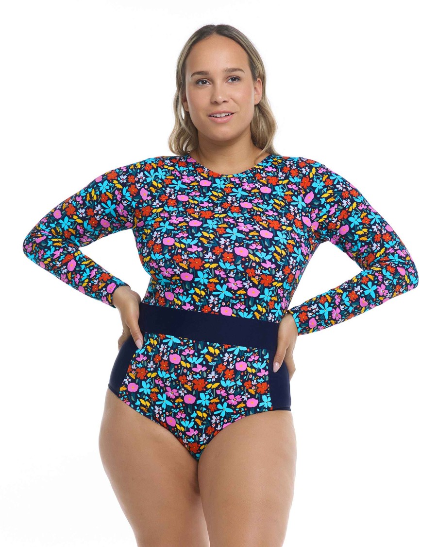 Swimwear SGS Plus Size Swimwear | Vivid Field Plus Size Wave Long Sleeve Swimsuit Indigo