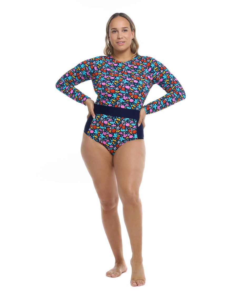 Swimwear SGS Plus Size Swimwear | Vivid Field Plus Size Wave Long Sleeve Swimsuit Indigo