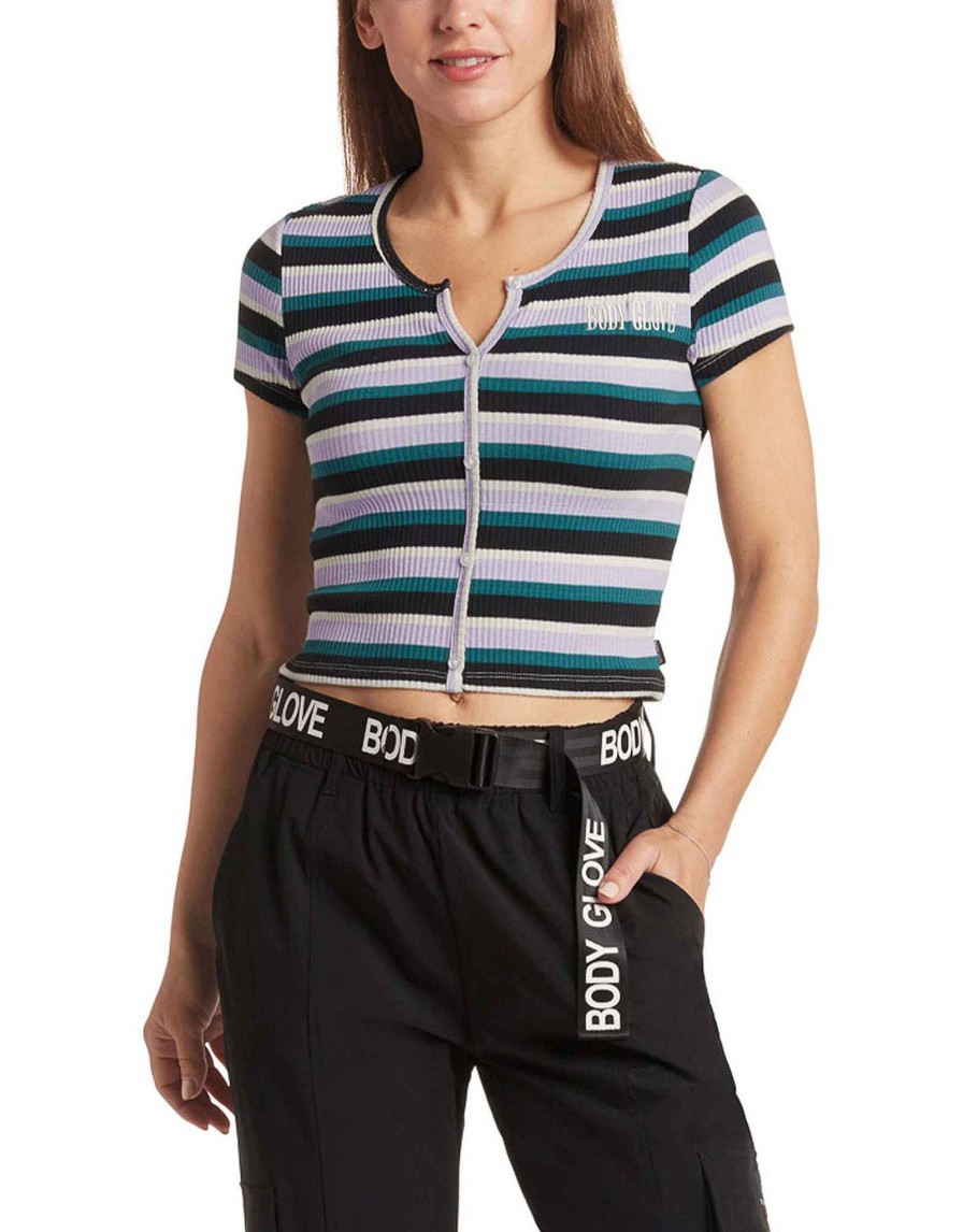 Women Jerry Leigh Tops | Sunset Striped Ribbed Shirt Black