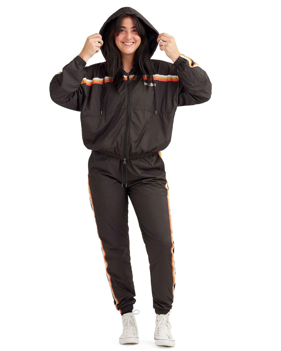 Women Jerry Leigh Sets | Retro Stripes Shell Zip-Up Hoodie Black