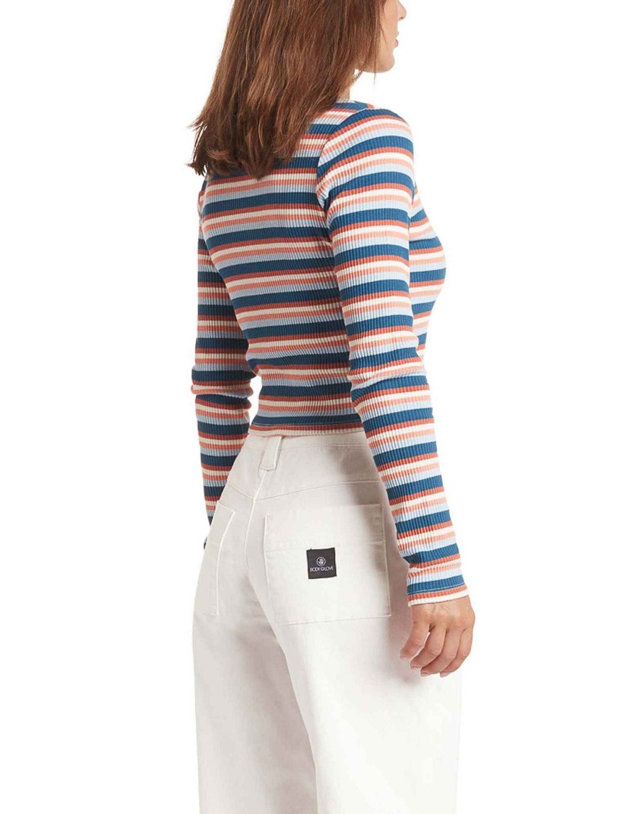 Women Jerry Leigh Tops | Striped Ribbed Long-Sleeve Shirt - Navy Nvy