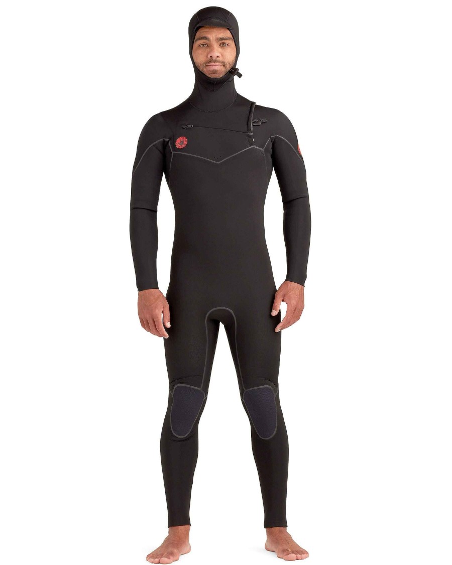 Men SDI Wetsuits | Red Cell 4/3Mm Men'S Chest-Zip Hooded Fullsuit Black