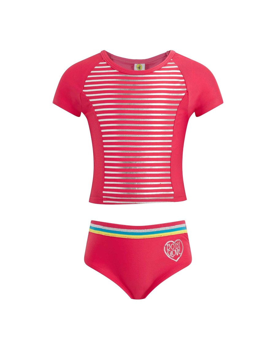 Kids Babyfair Swimwear | Girls' Striped Short-Sleeve Two-Piece Swimsuit (4-6X) Pink